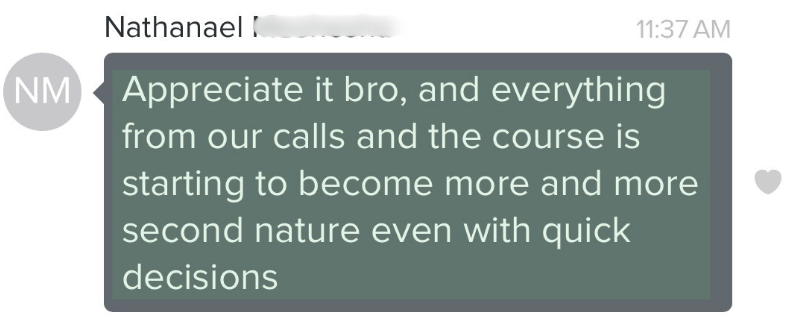 Message from Nathanael about the calls and course becoming second nature
