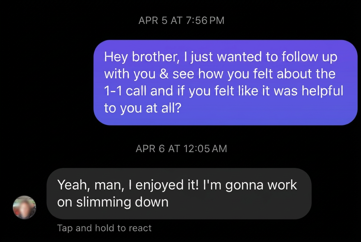 Follow-up text from a private client after the call