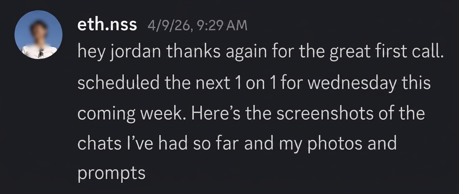Discord message thanking Jordan for a great first call
